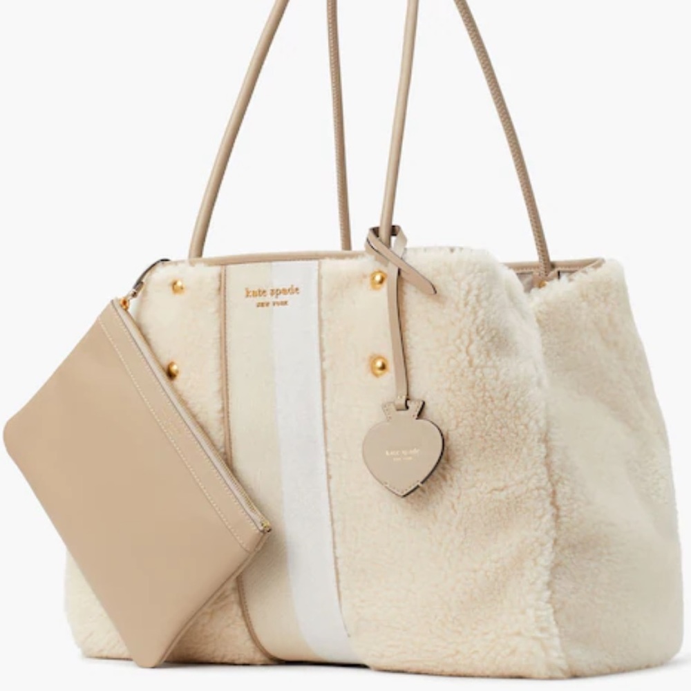 π Kate Spade Everything Racing Stripe Faux Shearling Large Tote Cream Multi Bag - Picture 10 of 11